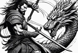 Northern Warrior standing with sword held straight up and down and killing a dragon tattoo idea