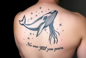 52hz Whale and jellyfish among the stars with the words No one can feel your pain 8x8 size tattoo idea