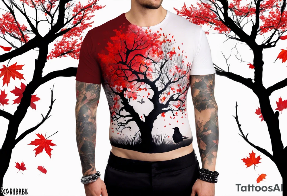 trash polka style. Arm tattoo. chest tattoo. Long tattoo. large tattoo. Full sleeve. Shoulder. A single large maple tree with red autumn leaves that branches upwards from wrist to shoulder. White-throated dipper bird on the trees branches. Calluna flowers at the base of the trees stem. Leaves falling. tattoo idea