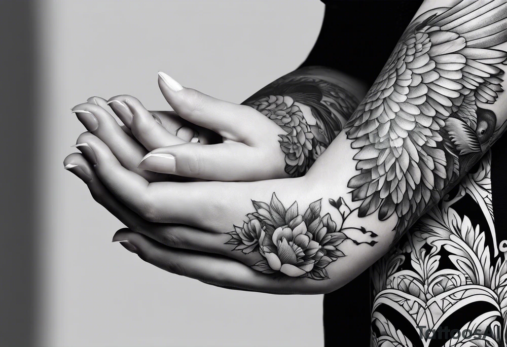 Woman praying hands with doves, full sleeve tattoo idea