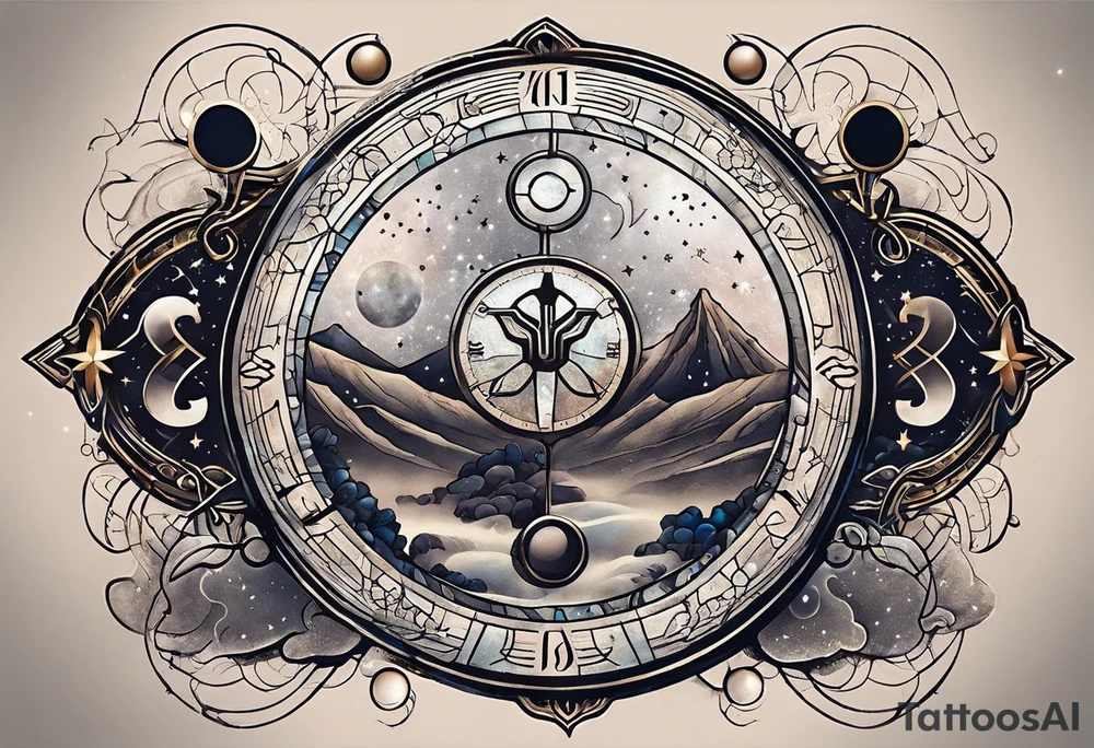 Matter, energy, space and time with an old stone theta symbol with stars in the background and Scorpio constellation tattoo idea