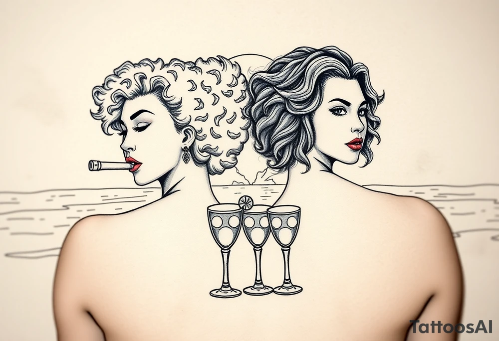 Two females One of the females has Curly puffy hair The other girl has wavy hair in front of a sunset on the beach, smoking a blunt with margarita glasses next to them tattoo idea