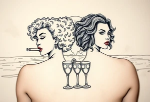 Two females One of the females has Curly puffy hair The other girl has wavy hair in front of a sunset on the beach, smoking a blunt with margarita glasses next to them tattoo idea