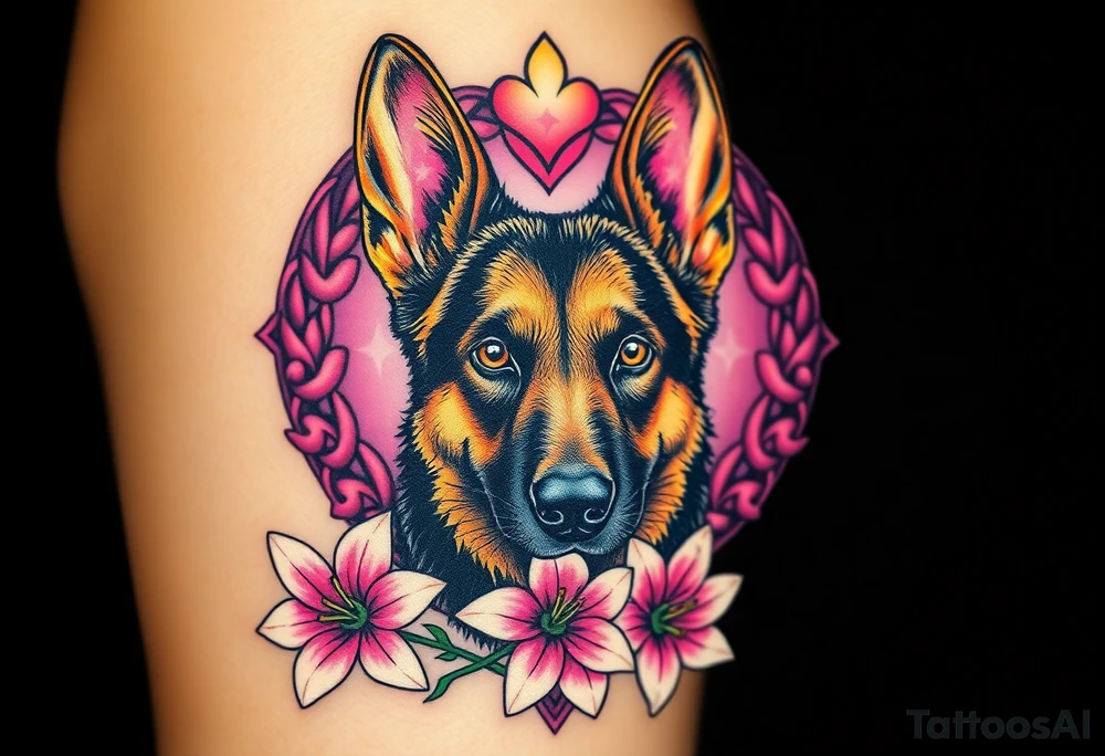 realistic german shepherd with alert ears looking protective with pink lilies in front of a sacred heart tattoo idea