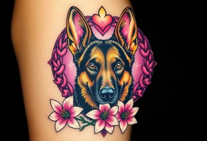realistic german shepherd with alert ears looking protective with pink lilies in front of a sacred heart tattoo idea