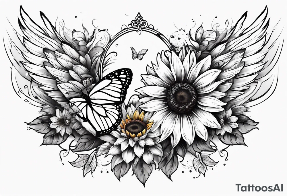 Sleeve with angel wings, sunflower and butterfly tattoo idea