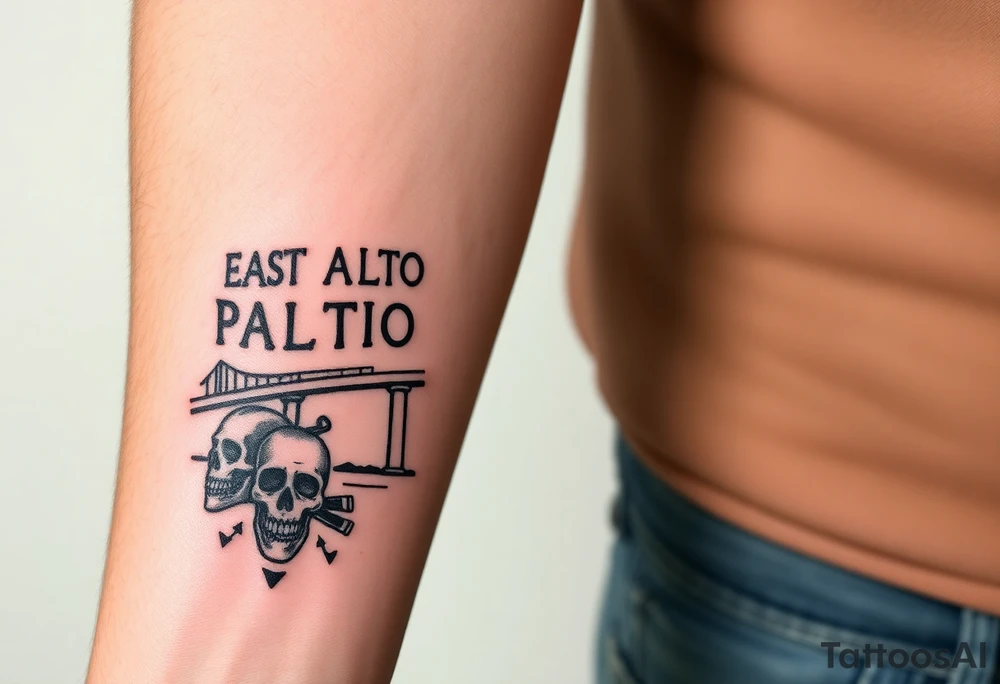 “East Palo Alto” city sign and “Newark” city sign on opposite sides of a bridge going across water in California with skulls and money and  scarface tattoo idea