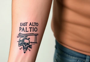 “East Palo Alto” city sign and “Newark” city sign on opposite sides of a bridge going across water in California with skulls and money and  scarface tattoo idea