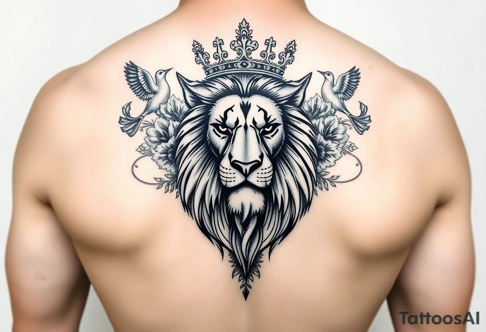 powerful majestic lion with a crown, surrounded by floral ornaments and birds tattoo idea