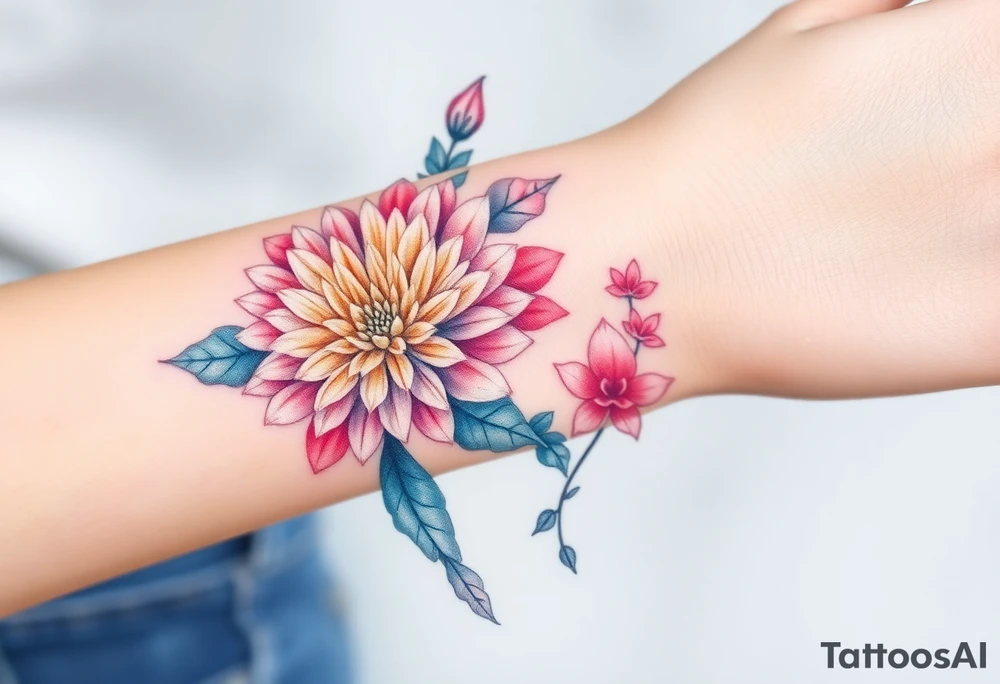 Chrysanthemum, peony, and larkspur. tattoo idea