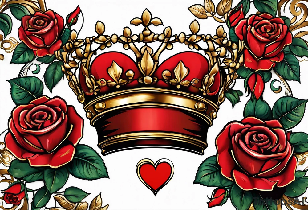 the red rose queen's golden crown with a heart tattoo idea