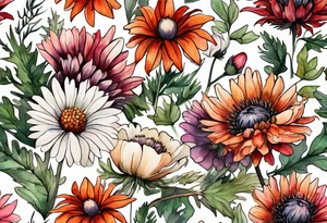 wildflowers with thistles, ferns, white flowers, cream flowers, green flowers, pink flowers, burnt orange flowers, red flowers, berries and all in watercolor tattoo idea