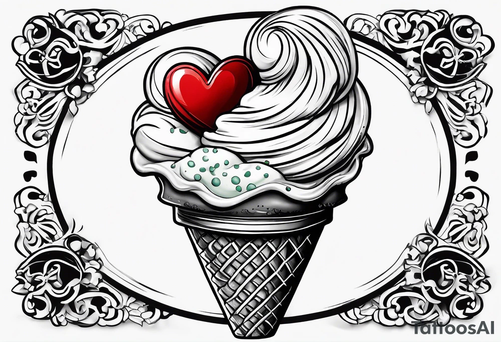 mint chocolate chip ice cream cone with small red heart on it somewhere. tattoo idea
