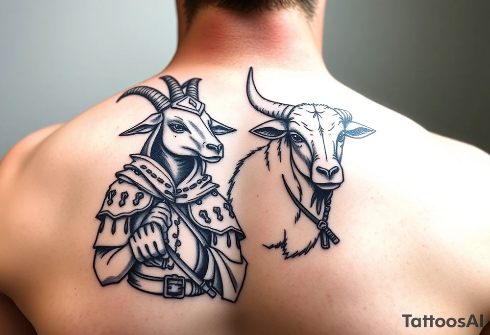 Feminine goat and ox dressed up as warriors tattoo idea