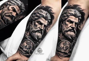 I want half sleeve tatto on the right arm 
With zeus and some thunder from his eyes, some text beside the zeus and  Temple of Olympian Zeus tattoo idea