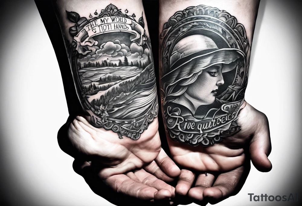 the world in my hands with a quote talking about taking risks and getting money tattoo idea