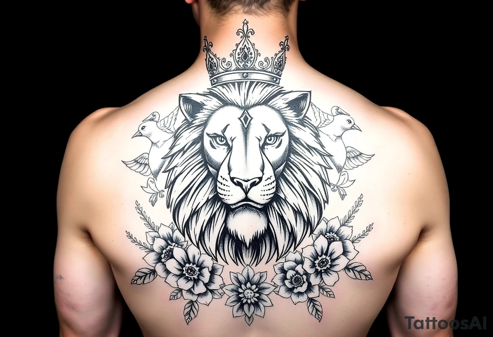 powerful majestic lion with a crown, surrounded by floral ornaments and birds tattoo idea