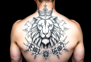 powerful majestic lion with a crown, surrounded by floral ornaments and birds tattoo idea