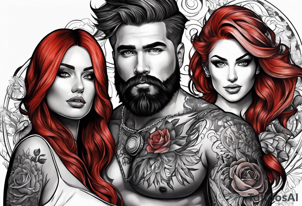 Busty Red haired woman with black haired bearded man tattoo idea
