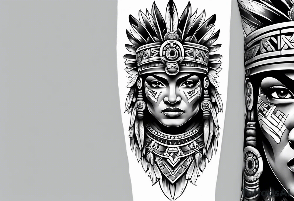 Leg sleeve of Aztec warrior tattoo idea
