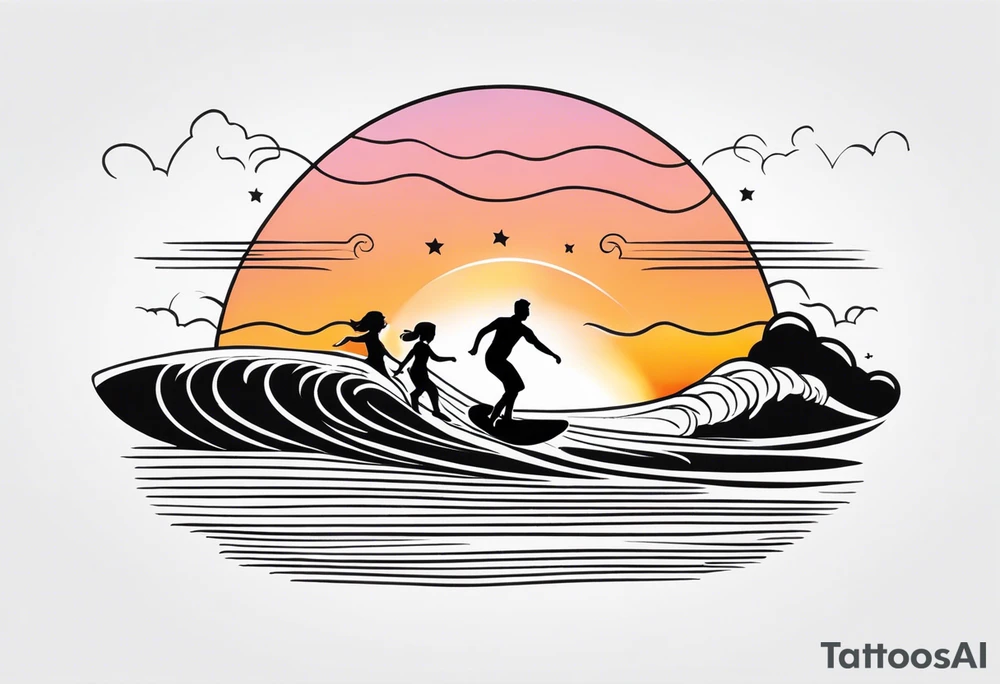 Black and white Line work tattoo depicting a father surfing with his two daughters.  The sunset and horizon have musical notes. tattoo idea