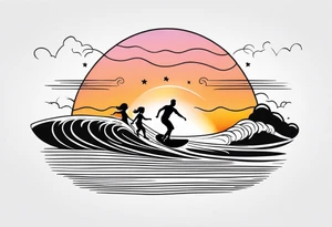 Black and white Line work tattoo depicting a father surfing with his two daughters.  The sunset and horizon have musical notes. tattoo idea