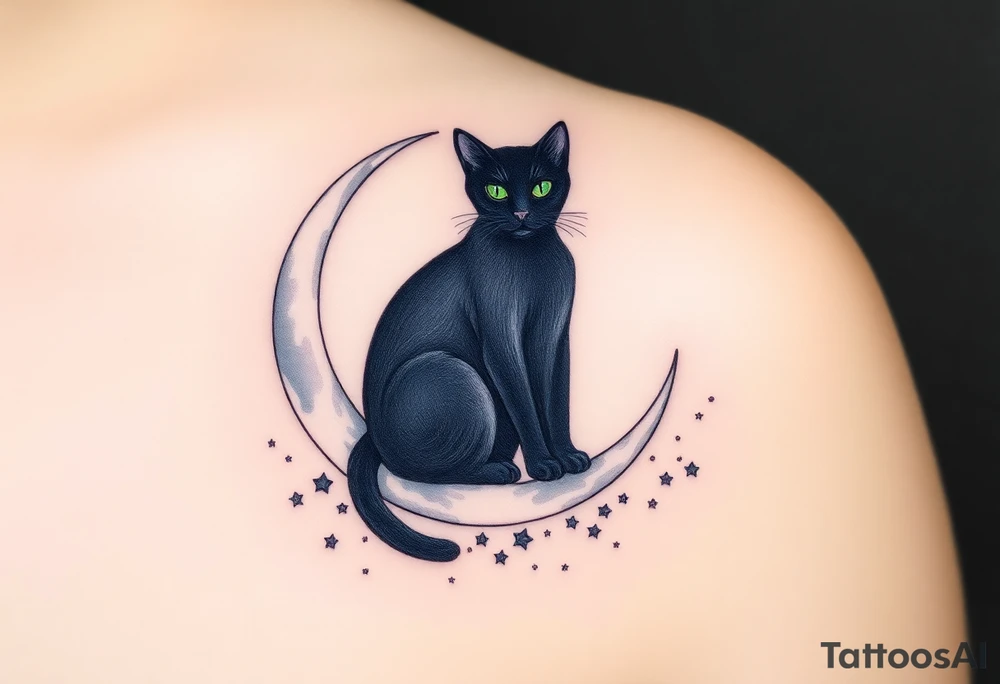 A sleek black cat sitting gracefully on a crescent moon, surrounded by a field of small, glowing stars. The cat's eyes are a bright emerald green, creating a striking contrast against its dark fur. The moon is a soft silver with a subtle gradient, transitioning from pale gray at the top to white at the bottom. Around the stars, there are gentle watercolor splashes in shades of midnight blue and deep purple, giving the design a dreamy, cosmic feel. The tattoo would have a mystical, enchanting vibe, symbolizing independence, intuition, and mystery. tattoo idea