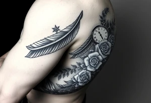 feathers with compass  a clock on elbows with roses tattoo idea