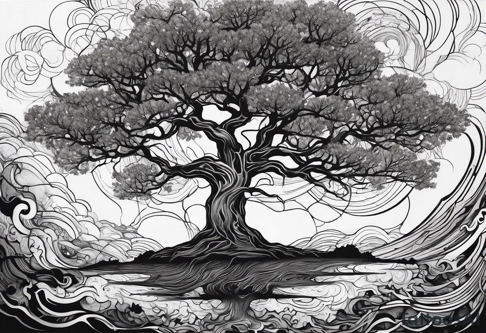 a barron tree struck by lightning, the branches resemble a brain and its spark of life. the ground below the tree is cracked symbolizing the broken connection between creator and creation tattoo idea