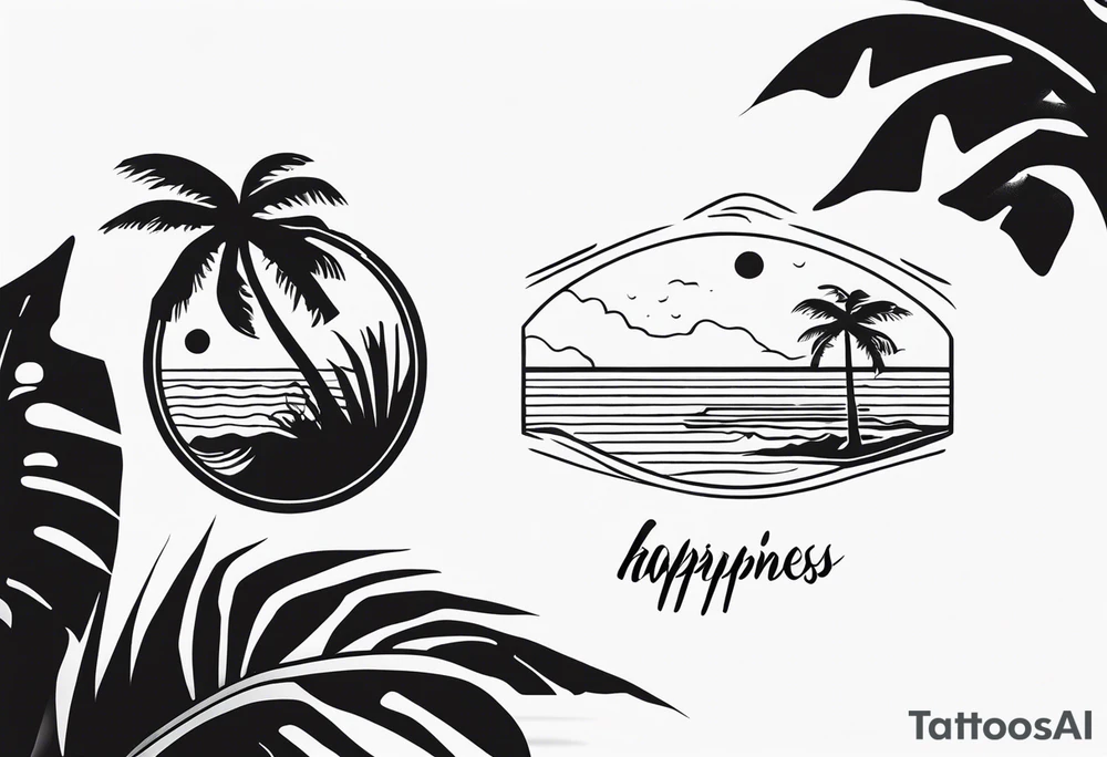 travel tattoo with mantra happiness on ankle elongated with the image of a sea ​​selfie and palm trees tattoo idea