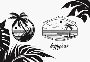 travel tattoo with mantra happiness on ankle elongated with the image of a sea ​​selfie and palm trees tattoo idea