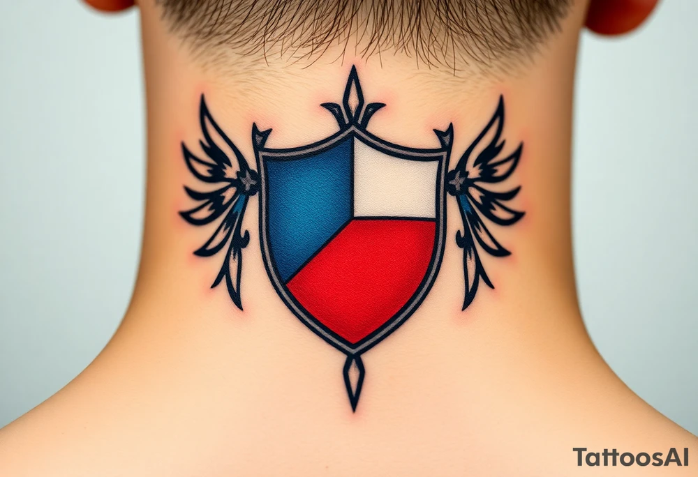 A classical Czech flag (blue, white up, red down) inside a shield emblem, with metallic textures enhancing its strength and durability tattoo idea