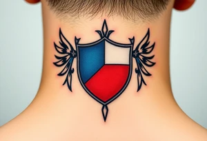 A classical Czech flag (blue, white up, red down) inside a shield emblem, with metallic textures enhancing its strength and durability tattoo idea