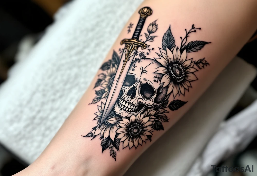 Skull, heart and dagger with roses and sunflowers tattoo idea