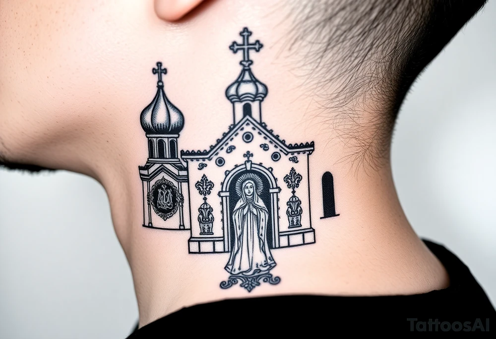 medium traditional russian orthodox church with a russian coat arms and virgin mary tattoo idea