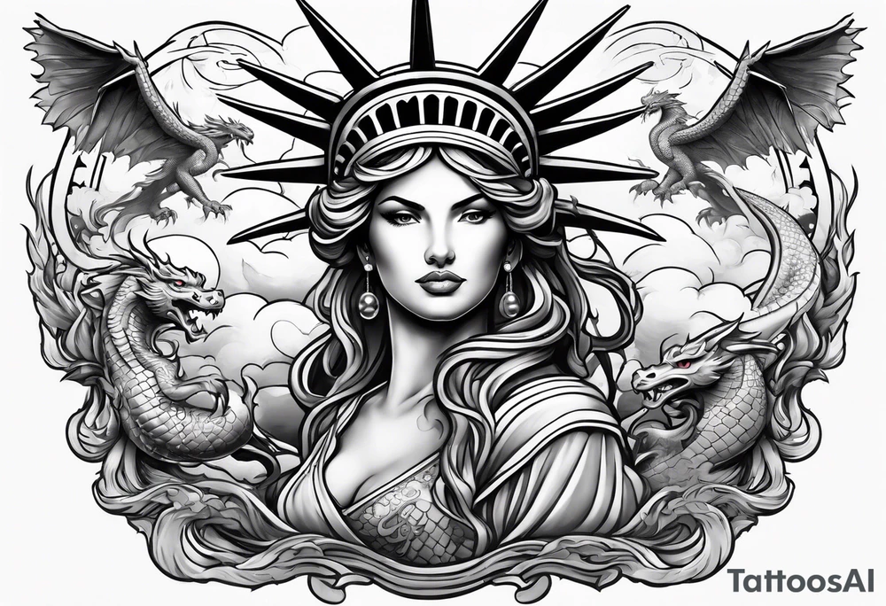 Hot girl as Statue of Liberty with dragon protecting her, full head in clouds tattoo idea