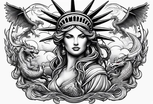 Hot girl as Statue of Liberty with dragon protecting her, full head in clouds tattoo idea