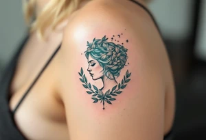 A cosmic Virgo constellation etched in teal above the profile of a woman surrounded by olive leaves. tattoo idea