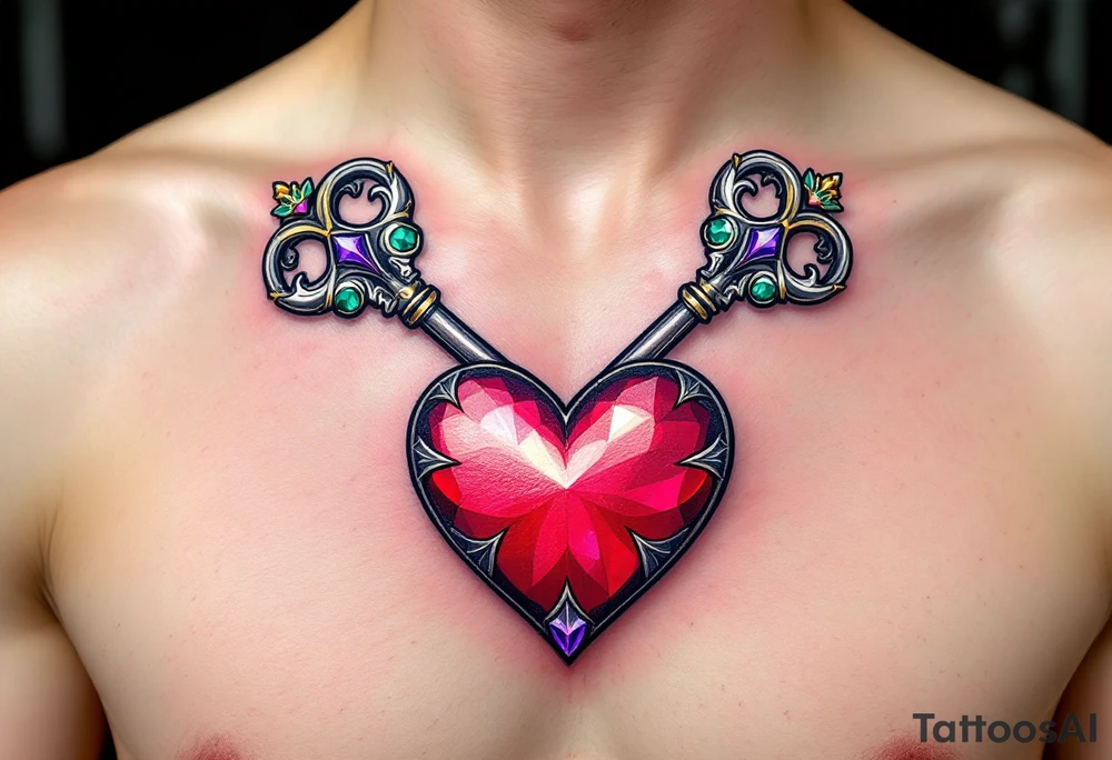 Two crossed keys placed above a large heart-shaped lock, each key featuring different ornamental details, like crowns or intricate scrolls. Silver for the keys with touches of royal purple and emerald green for ornamental accents, and a ruby-red lock. tattoo idea
