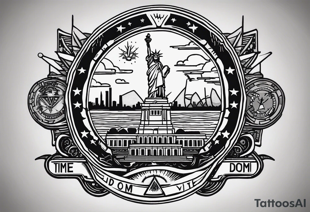 Bill Cipher
 Rick and Morty
 Statue of Liberty USA
 The amazon badge.
 Some kind of reference to engineering and architecture
 $ ₿£ ₿ € £ badges.
 Airplane ticket
 Palms
 Sunset
 Surfing
 Something Masonic: eye, hand with an eye, circlet
 Abstract lines
Words FREEDOOM, LOVE, TIME tattoo idea