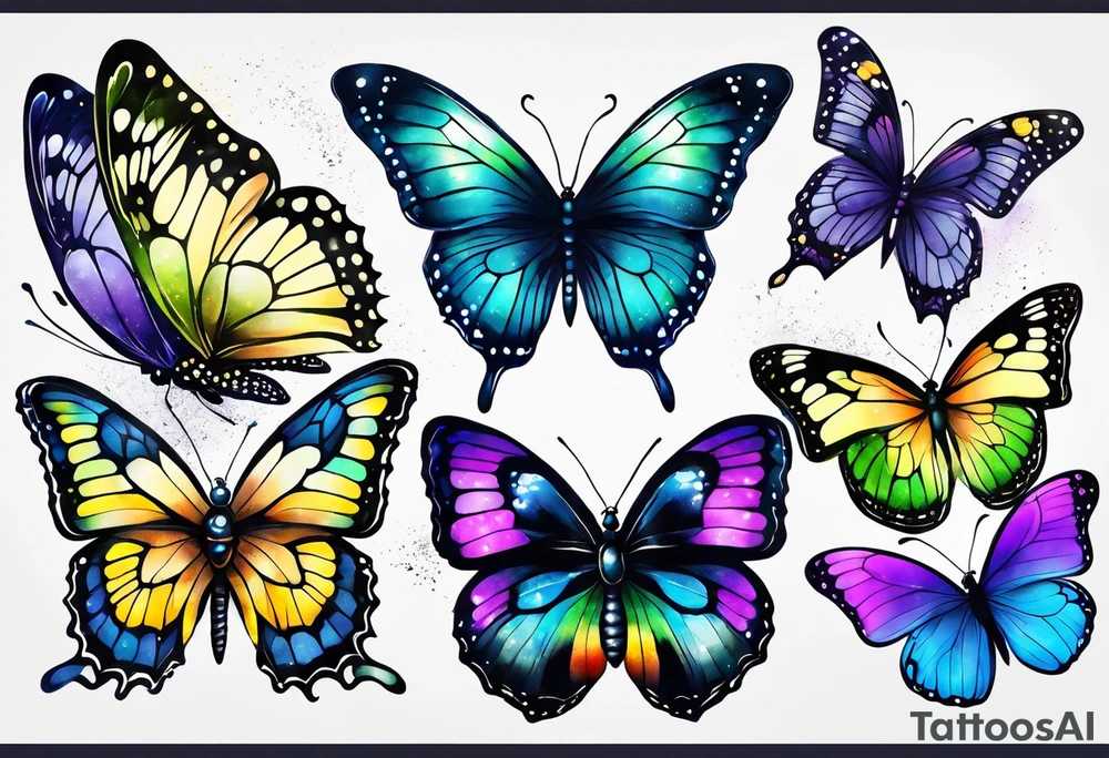 One black and white butterflie, two colorfull butterflies. Aquarelle style. Gemini stars.
 Colours blue, violet, green, yellow. tattoo idea