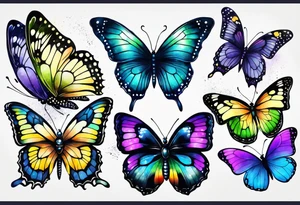 One black and white butterflie, two colorfull butterflies. Aquarelle style. Gemini stars.
 Colours blue, violet, green, yellow. tattoo idea