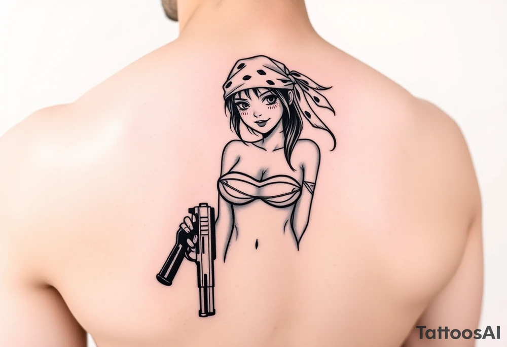 Girl wearing bandana in bikini holding gun tattoo idea