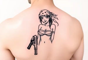 Girl wearing bandana in bikini holding gun tattoo idea