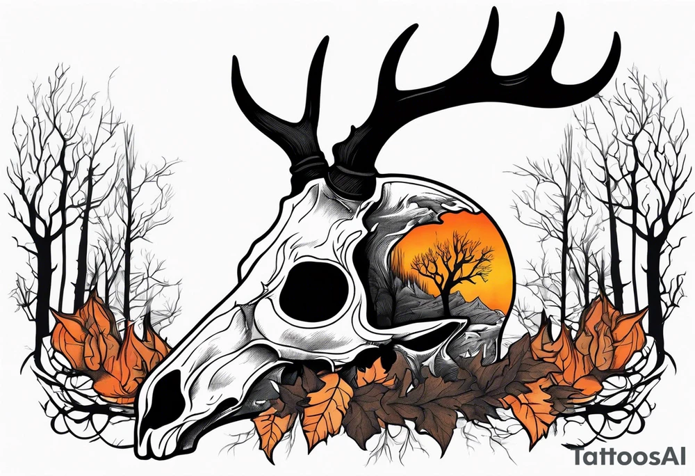 Halloween side view of a DECAYING deer skull JUST BONE surrounded by a flames and trees in background tattoo idea