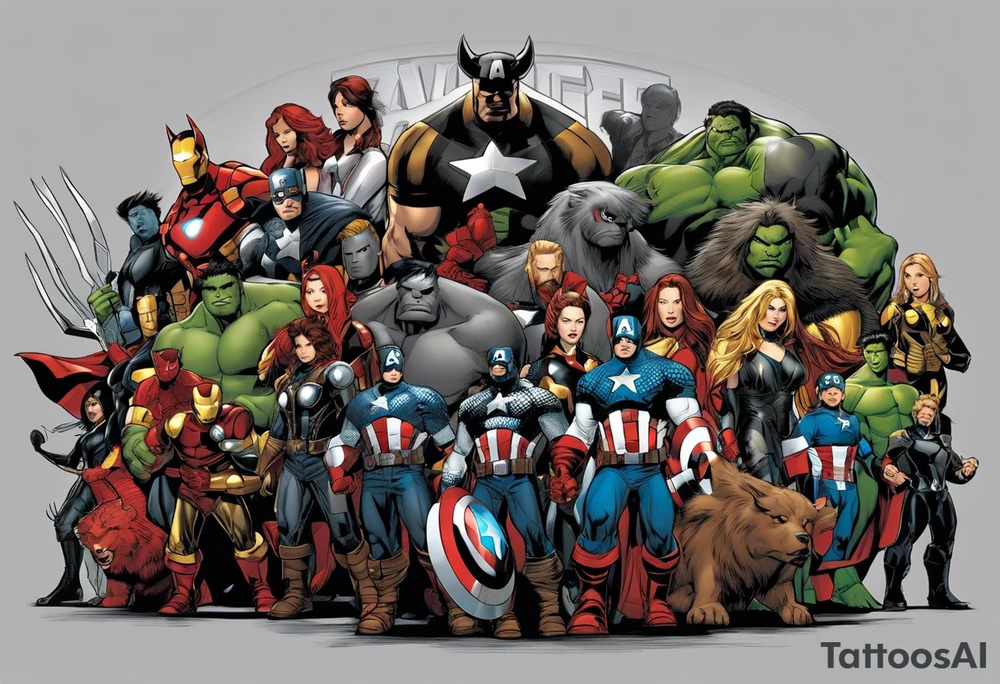 I want to change Avengers Team characters with animals. Hulk will be represented by a Badger.
Thor will be depicted as an Alpha Grey Wolf.
Captain America will be symbolized by a Bull.
Iron Man's character will be embodied by a Canary.
Black Widow's role will be portrayed by an Axolotl.
Hawkeye will be depicted as a Sudan Plated Lizard.
Nick Fury will be represented by a Cat. tattoo idea