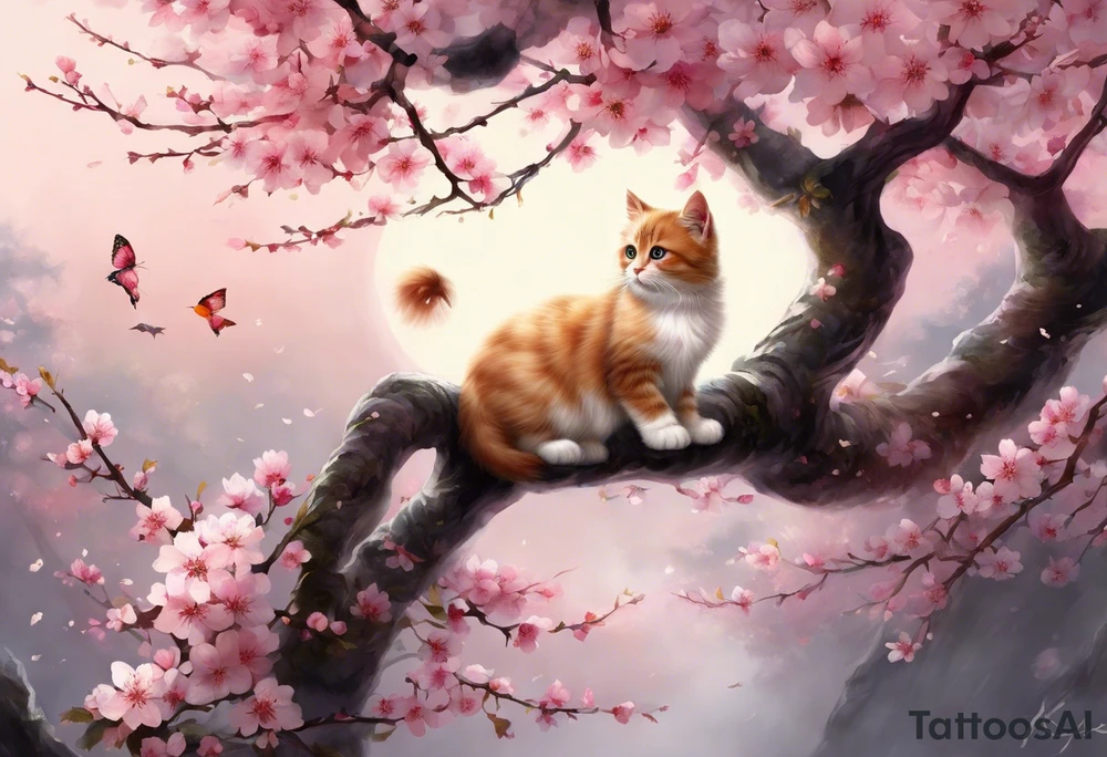 Generate a design to tattoo on my biceps where a graceful pink cherry blossom tree extends vertically, occupying the full height of 15cm, with delicate blossoms scattered along its slender branches coloured with a watercolor effect. Nestled among the branches, a small, playful kitten is perched, gazing curiously outward. The kitten's fur can have intricate details, highlighting its softness and playfulness. Surrounding the kitten and the tree, some petals could be gently falling, adding a dynamic and serene feel to the design. This vertical composition would elegantly fit your biceps, creating a charming and feminine piece of art. tattoo idea