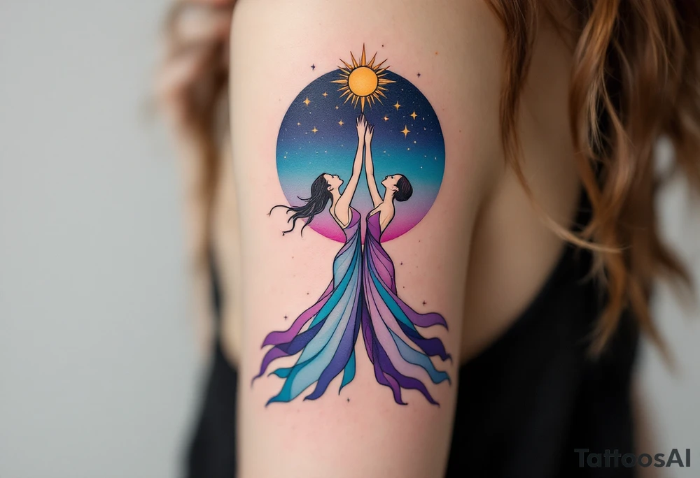 Zorya Sisters – Twin female figures in flowing sky-blue and deep purple dresses, one raising the sun, the other lowering the stars against a twilight backdrop. tattoo idea