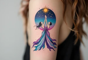 Zorya Sisters – Twin female figures in flowing sky-blue and deep purple dresses, one raising the sun, the other lowering the stars against a twilight backdrop. tattoo idea