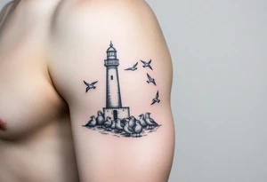 Baltic Sea tattoo with lighthouse surrounded by seagulls tattoo idea